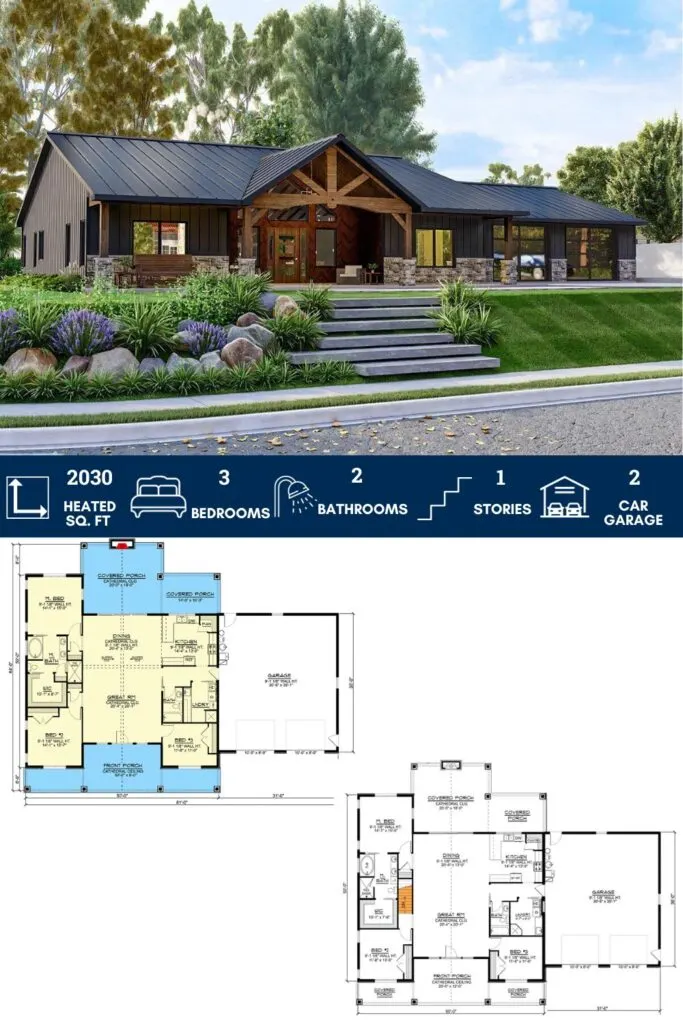 One-Story Country Craftsman House Plan with Vaulted Great Room and 2-Car Garage