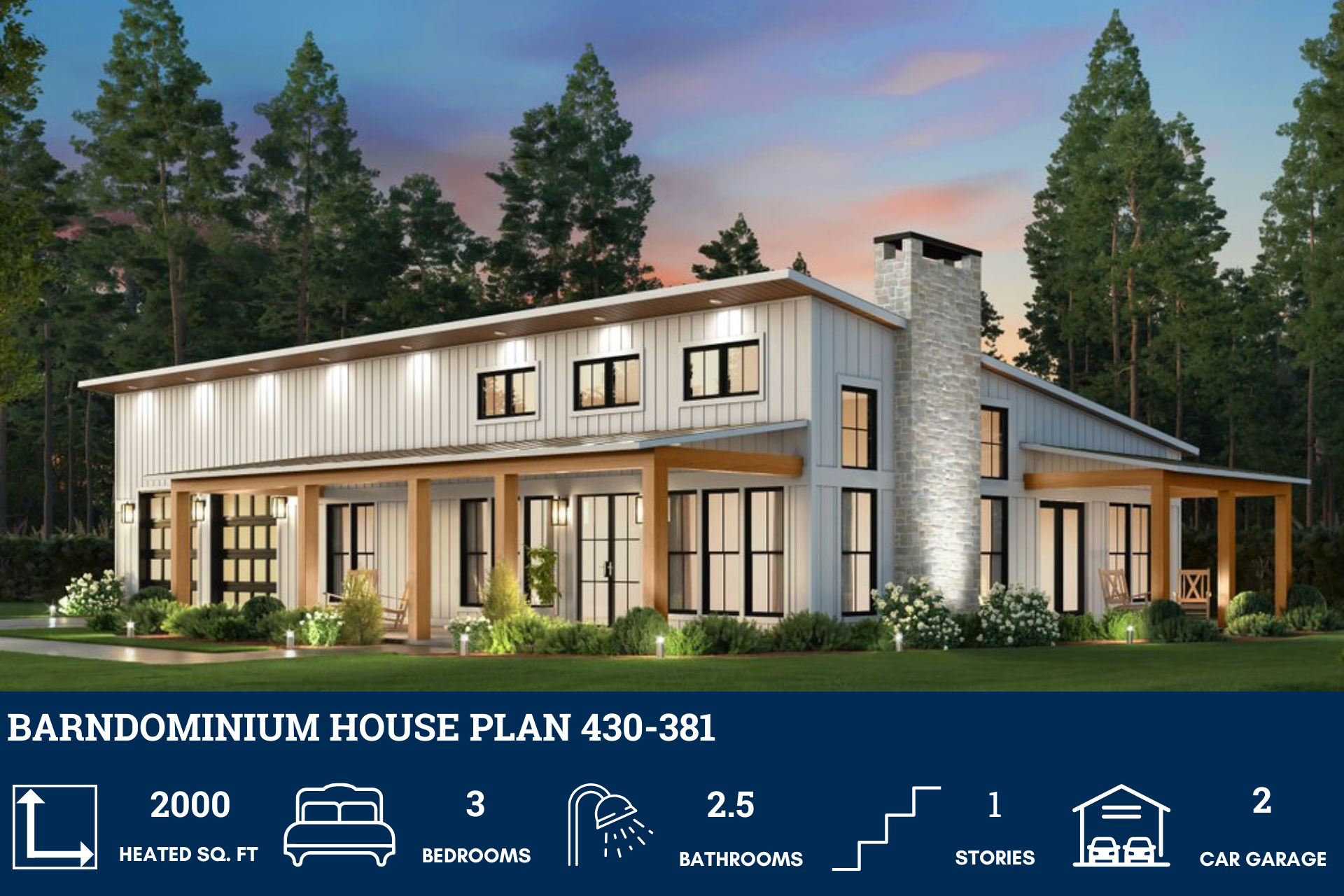 2000 Sq Ft, 3 Bed, 2.5 Bath, 2 Car-Garage Barndominium House Plan 430-381