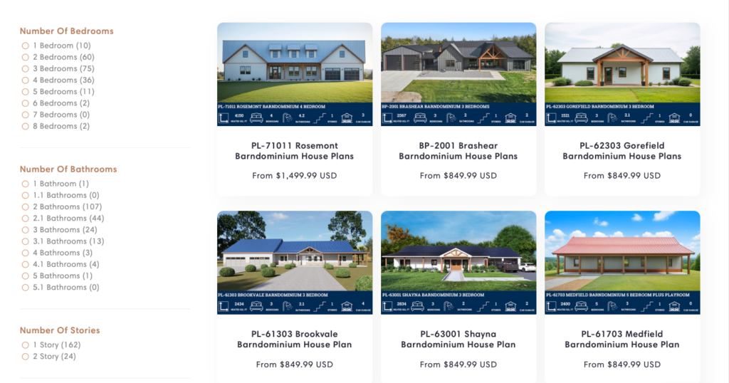 Screenshot of BarndominiumPlans.com showing a grid of barndominium house plans with images, pricing, and filters to select number of bedrooms, bathrooms, and stories on the left sidebar.