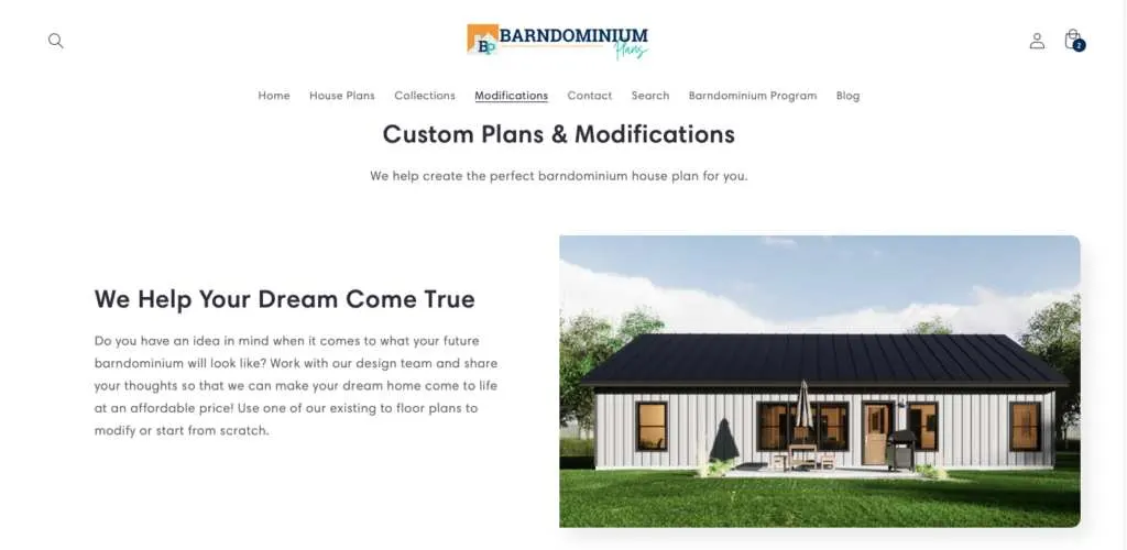 Screenshot of BarndominiumPlans.com modifications page, highlighting the &ldquo;Custom Plans & Modifications&rdquo; section with a modern white and black barndominium image and a description of custom design services.